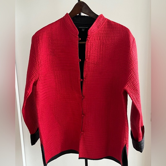 New Sam Hilus Classic 100% Silk Reversible Nehru Jacket Women's Black & Red L XL - Picture 2 of 15